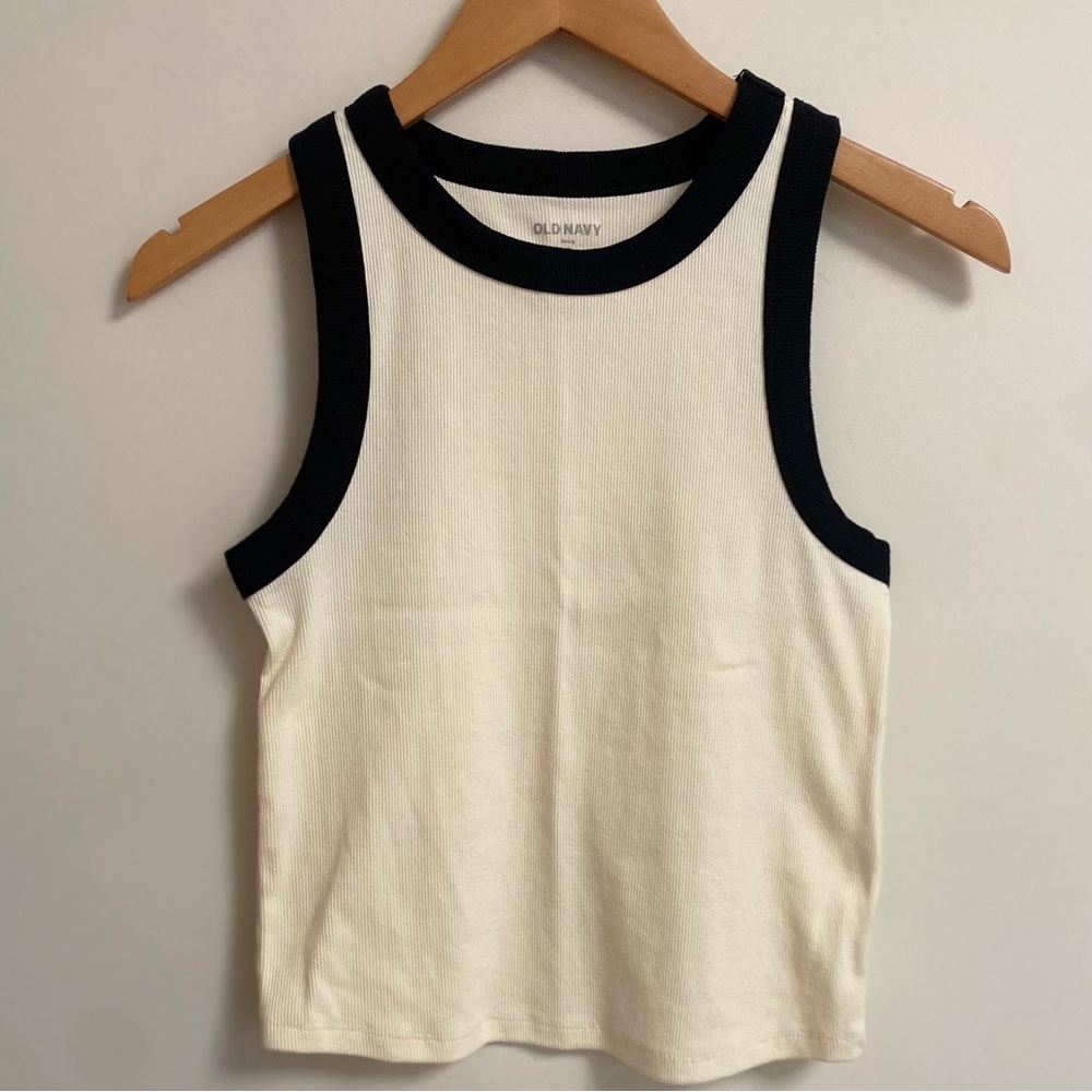 OLD NAVY Women's Sleeveless Cream Tank with Black Trim MEDIUM